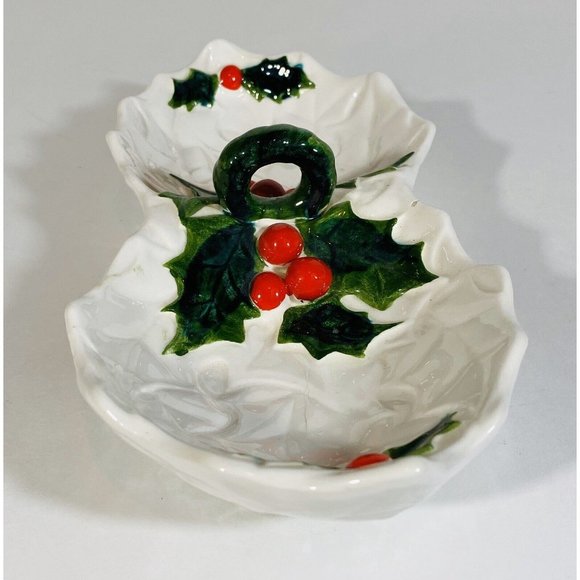 Vintage Lefton White Holly 2 Part Relish Condiment Dish Christmas Holiday Green - Picture 2 of 9